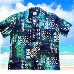Vintage 60s Sears Hawaiian Shirt Barkcloth Blue Floral Aloha Size L